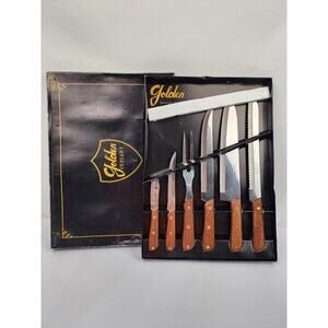 Golden Cutlery 6pc Vtg Carving Set New in Box Bread Chef Steak & Paring Knives
